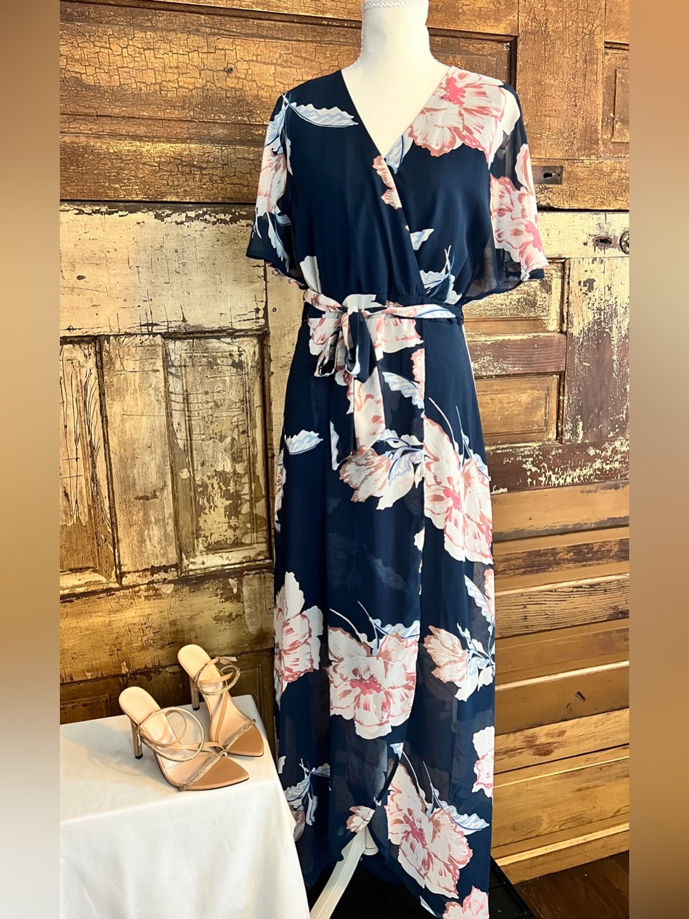Luxology Navy Floral Faux Wrap Maxi Dress | Wedding Guest | NWOT Size 8